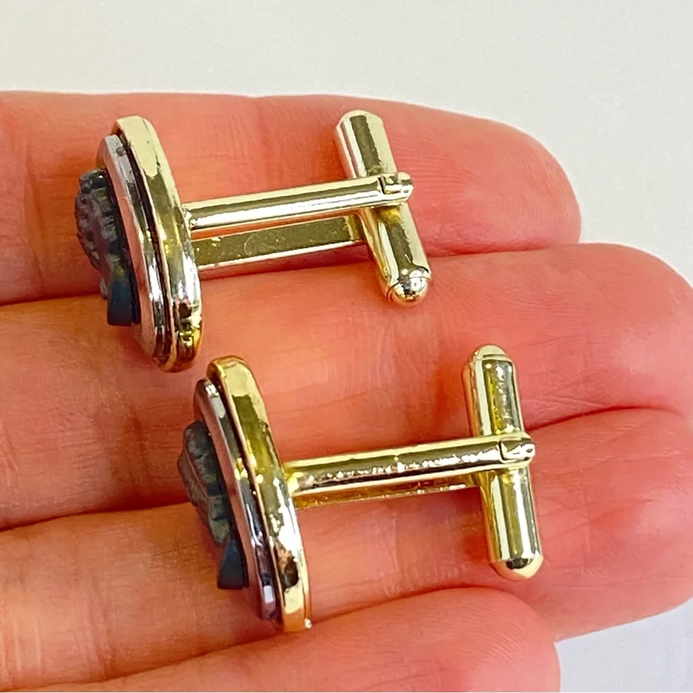 Vintage Hematite Cameo Cufflinks Tie Tack Set Oval Silvertone Gold Tone Mens